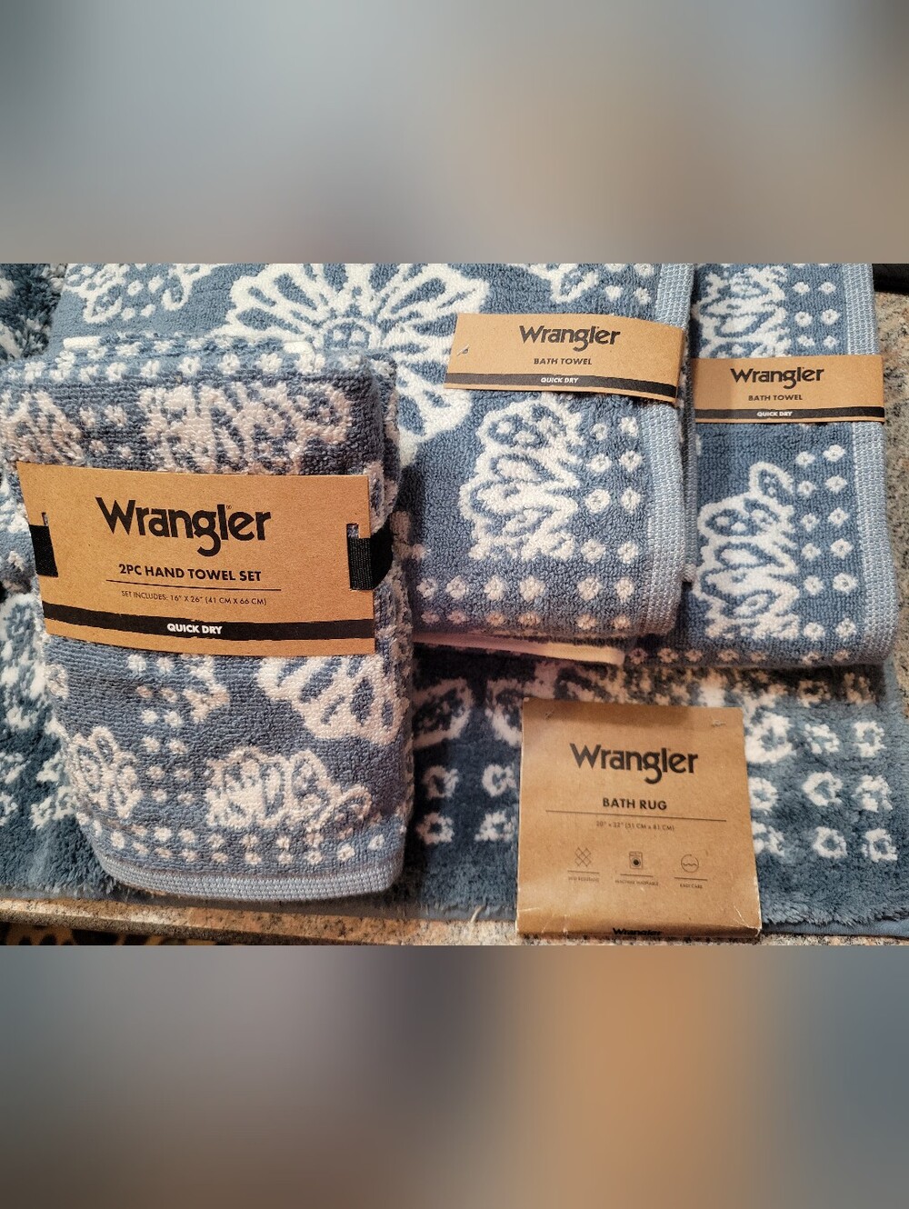 NEW 5pc Wrangler Blue White Floral Bandana‎ 2 Bath 2 Hand Towel Mat Reversable